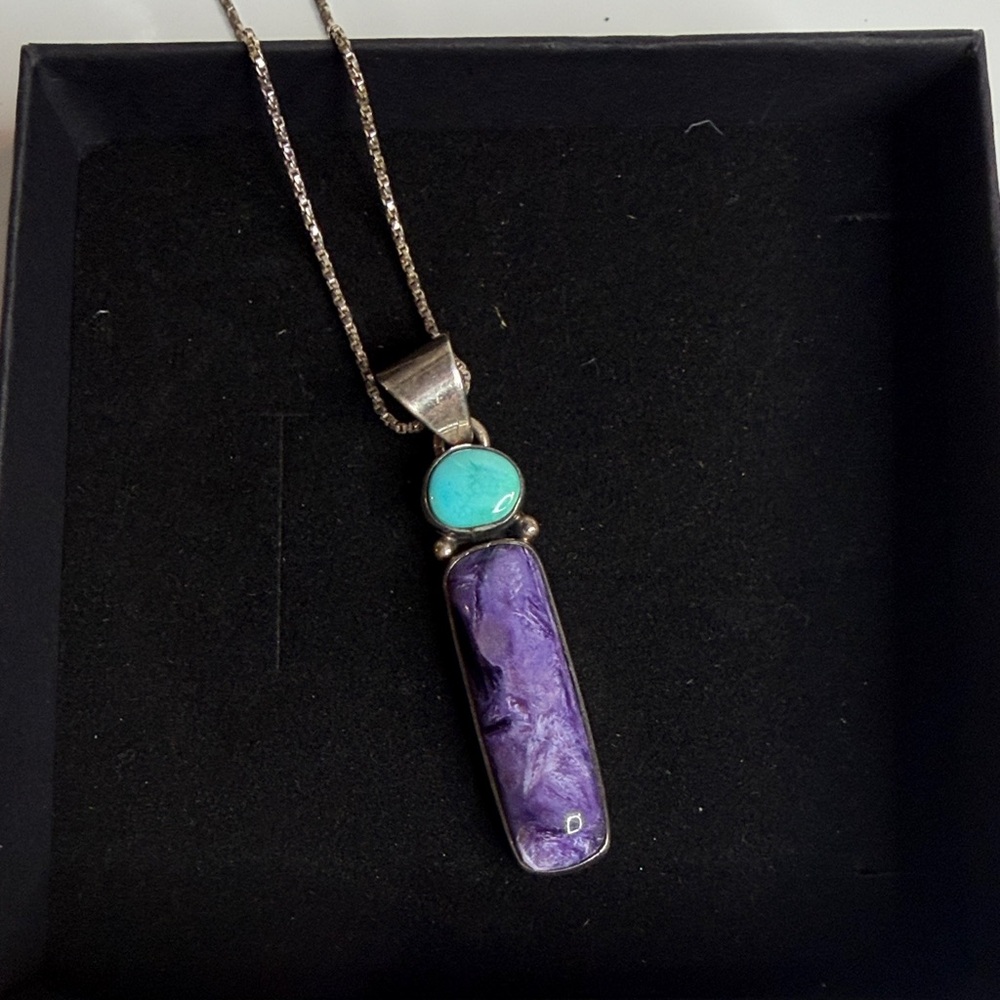 Charoite and Turquoise Stone Pendant and Sterling silver necklace.